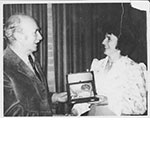 1975 Geoff Trapnell presenting Mary Bryan with Honorary Life Membership of Badminton Union