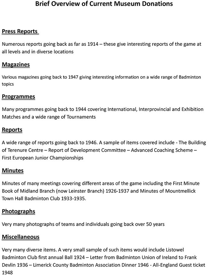 Brief Overview of Current Museum Donations
